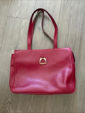Vintage Lancel Red Leather Shoulder Tote Bag with Gold Accent